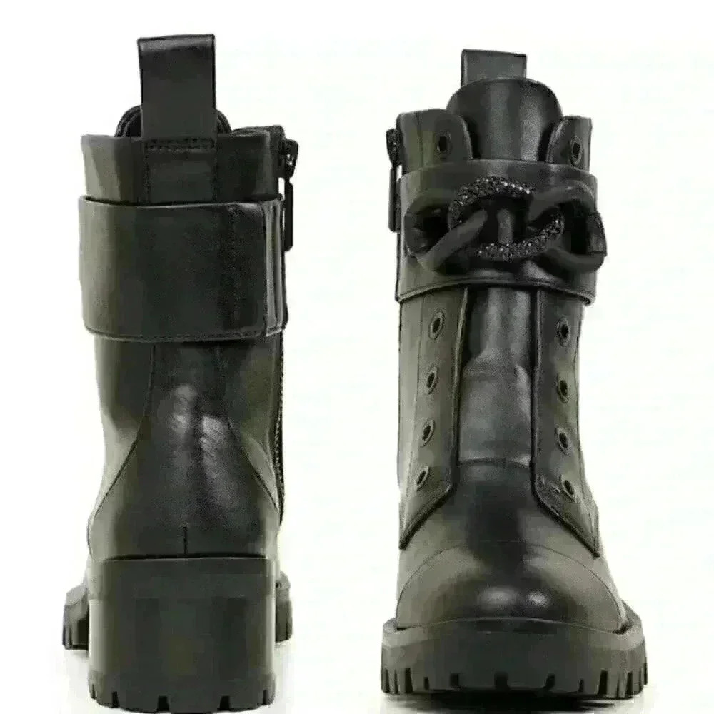 ❤️KARL LAGERFELD PARIS NIB Pepper Rhinestone Curb Link Combat Boots size 5 Black - Picture 2 of 8